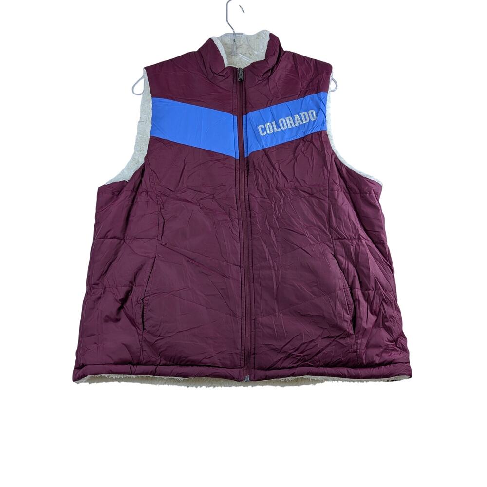 NHL Colorado Avalanche Womens XL Burgundy White Faux Fur Vest Full Zip NWOT